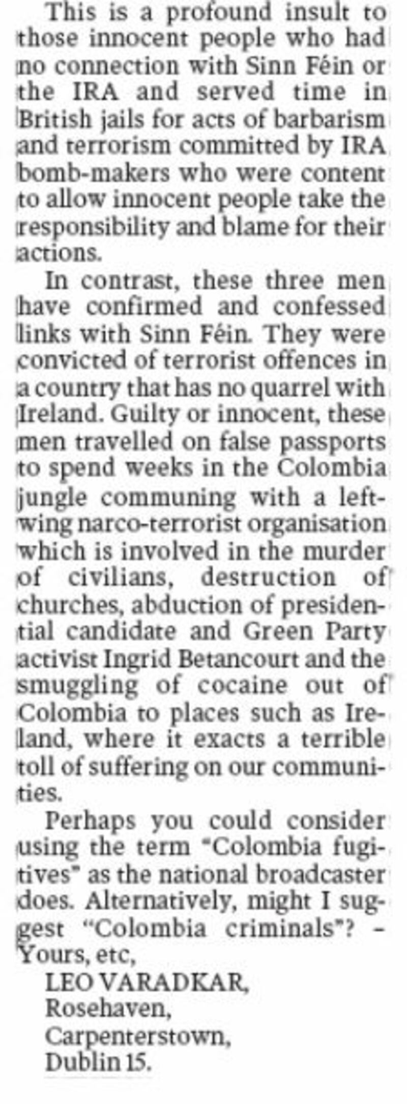Varadkar with a riposte on The Irish Times’ coverage of the Colombia Three