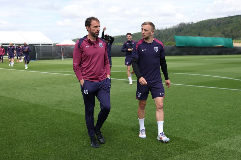 Southgate with West Ham and England striker Jarrod Bowen before a training session. Photograph: Eddie Keogh/FA via Getty Images