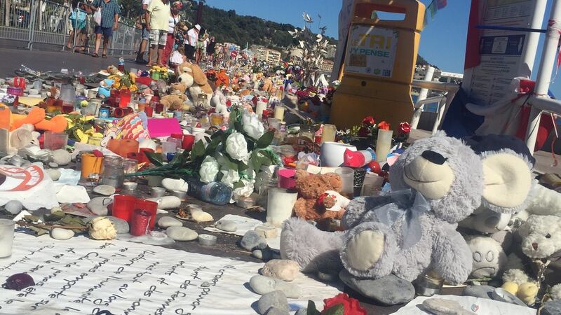 At the spot where the massacre happened on the touristy Promenade des Anglais, there’s an eerie and sad ad hoc memorial to the 84 victims