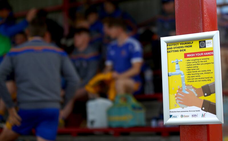 Covid-19 signage at Sarsfields v Portumna in Kenny Park, Athenry, Co Galway on July 26th, 2020. Photograph: James Crombie/Inpho