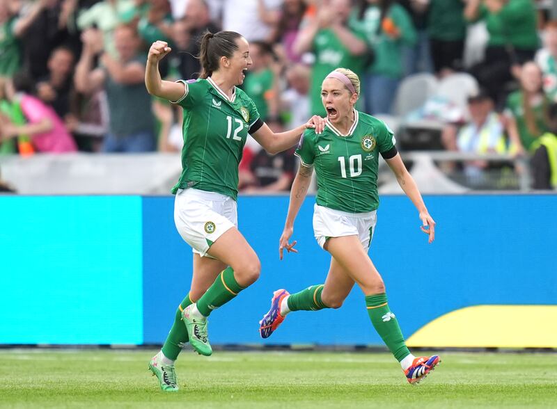 Denise O'Sullivan celebrates scoring Ireland's opening goal with team-mate Anna Patten at Páirc Uí Chaoimh. Photograph: Niall Carson/PA Wire