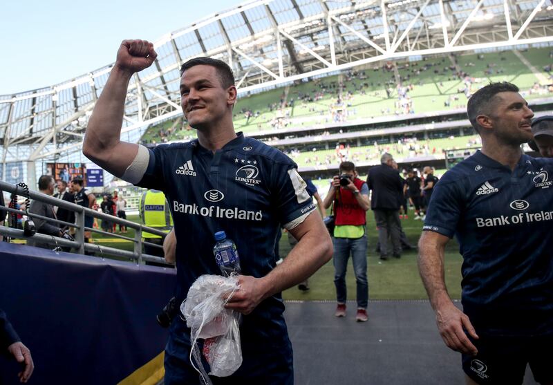 Leinster's Johnny Sexton and Rob Kearney celebrate after the 2019 Champions Cup semi-final against Toulouse. Photograph: Dan Sheridan/Inpho