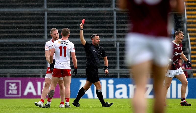 Tyrone’s Frank Burns is sent off by referee David Gough. Photograph: Ryan Byrne/Inpho