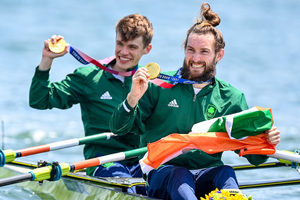 Ireland’s Fintan McCarthy and Paul O’Donovan with their gold medals at the Tokyo Olympics. Photograph: Steve McArthur/Photosport/Inpho