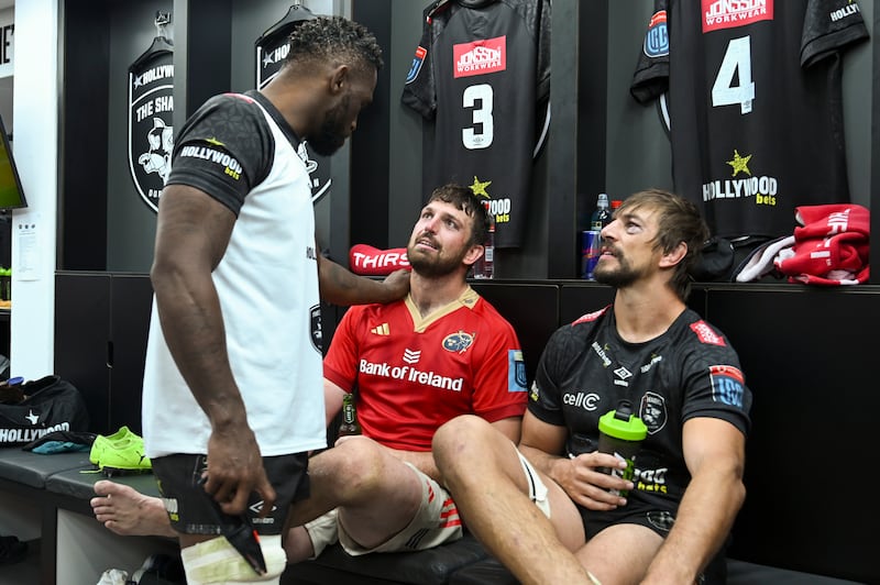 Siya Kolisi (left) of Sharks with Munster's Jean Kleyn and Sharks captain Eben Etzebeth after last Saturday's URC quarter-final in Durban. Photograph: Darren Stewart/Inpho/Steve Haag Sports