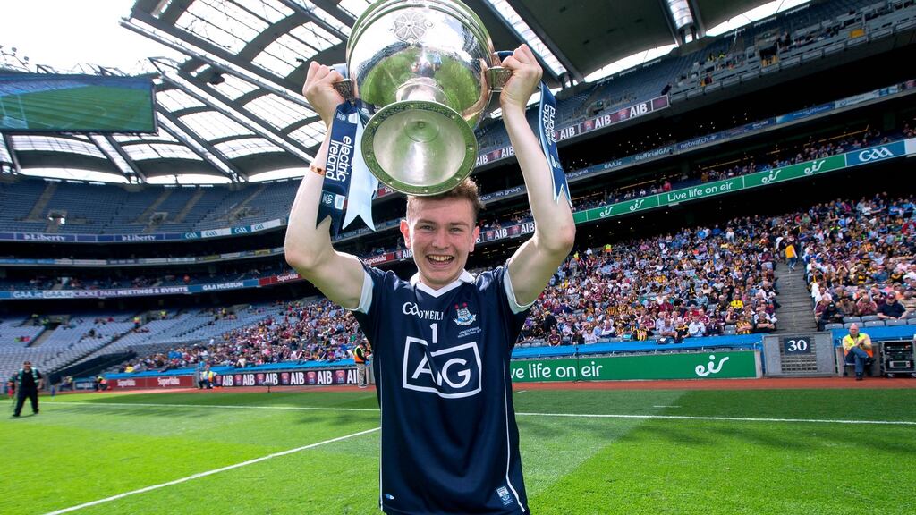 Midfielder Dara de Poire went in goal for Coláiste Eoin and saved a late penalty against Scoil Mhuire Clane. Photograph: Ryan Byrne/Inpho