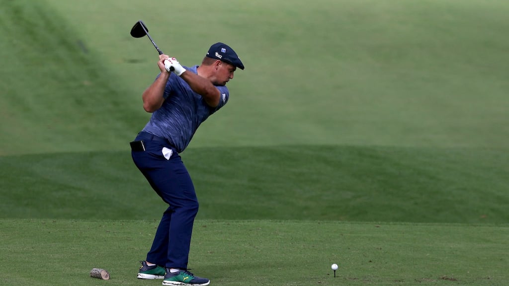 Bryson DeChambeau tees off during the final round of the 2020 US Masters. Photograph: Rob Carr/Getty
