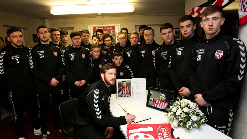 A book of condolences over the death of Derry City player Mark Farren is signed by members of the club at Brandywell Stadium, Derry. Photograph: Lorcan Doherty/Presseye/Inpho