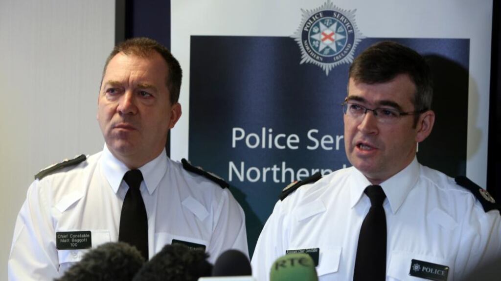 PSNI chief constable Matt Baggott (left) with assistant chief constable Drew Harris at a press conference in Belfast on dissident activity in the North last month. Photograph: Paul Faith/PA Wire