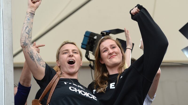 Lynn Ruane and Anna Cosgrave, Repeal Project at the central count centre for the Referendum on the Thirty-Sixth Amendment of the Constitution Bill 2018, in Dublin Castle. Photograph: Dara Mac Dónaill / The Irish Times