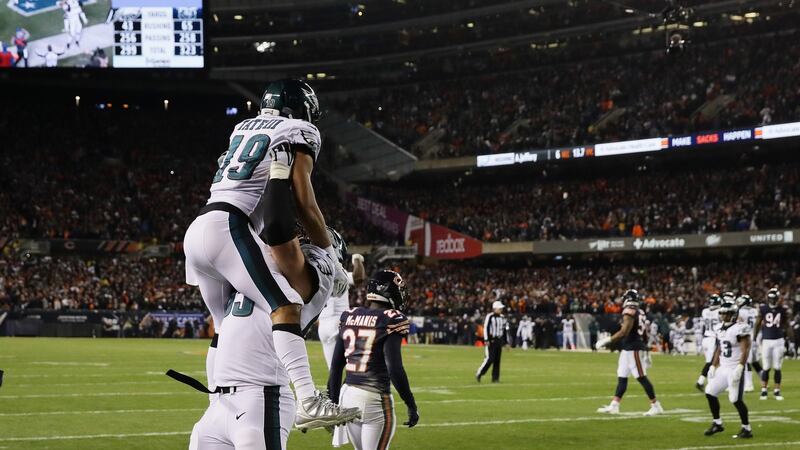 Eagles’ Golden Tate celebrates with Lane Johnson. Photo: Jonathan Daniel/Getty Images