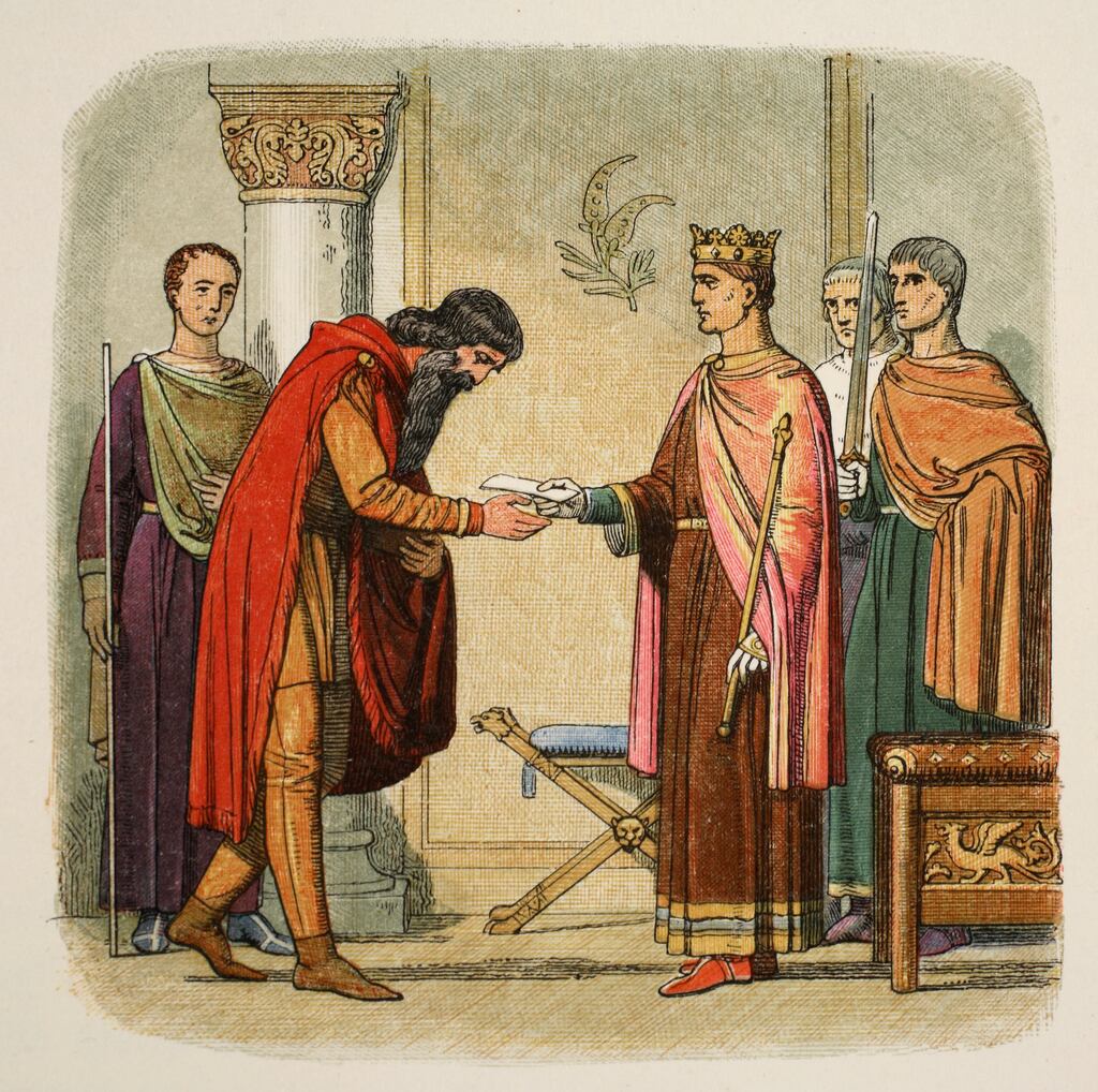 Henry II authorising Dermot MacMurrough (Diarmait Mac Murchada), the King of Leinster, to levy forces in 1170. Illustration by James E Doyle, 1864. Colour lithograph. Photograph: Historical Picture Archive/Corbis via Getty Images