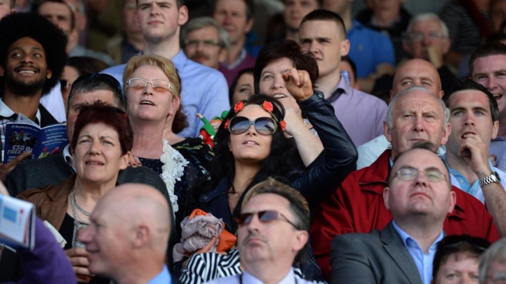 Lorna Hayden (centre) from Dunlavin, Co Wicklow, cheering at the Punchestown Festival in Co Kildare yesterday. Photograph: Dara Mac Dónaill
