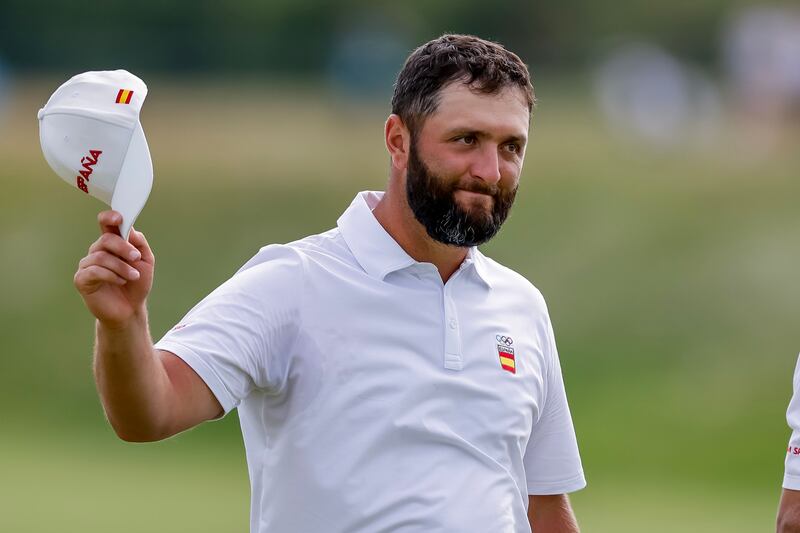 Jon Rahm of Spain reacts on the 18th green after his third round of the Olympic Games men's golf tournament at Le Golf National. Photograph: Erik S Lesser/EPA