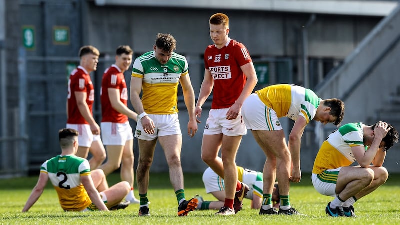 Cork and Offaly players after their league clash in Tullamore. Photograph: Lorraine O’Sullivan/Inpho