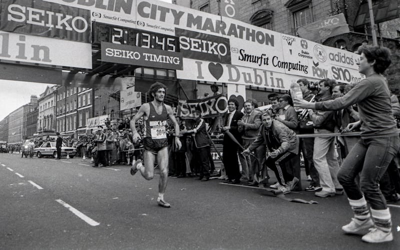 Jerry Kiernan crosses the line to win the Dublin City Marathon in October 1982. Photograph: Billy Stickland/Inpho