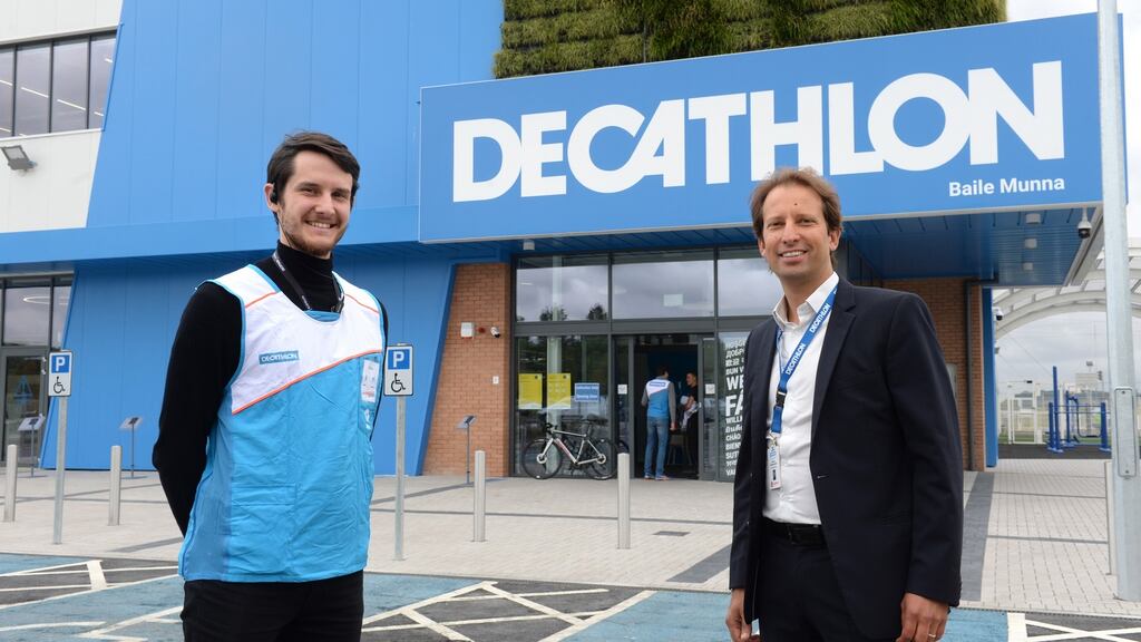 Bastien Grandgeorge, right, chief executive of Decathlon Ireland, and Kieran O’Shea, store leader at its new outlet in Ballymun, which will open on Saturday. Photograph: Dara Mac Donaill / The Irish Times
