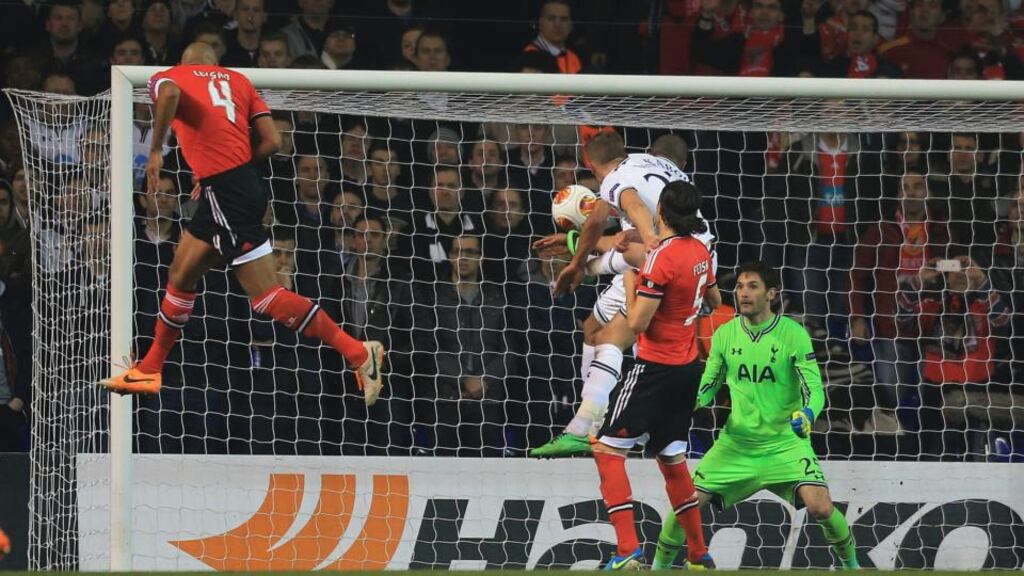 Benfica’s Luisao scores the second goal of the game against Tottenham at White Hart Lane last night during the Europa League clash. Photo: Nick Potts/PA