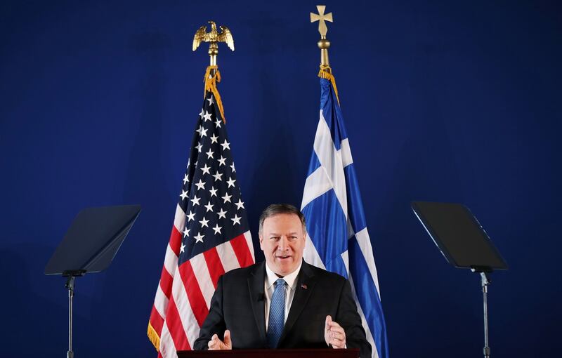 US Secretary of State Mike Pompeo delivers a speech at the Stavros Niarchos Foundation Cultural Center in Athens on October 5th. Photograph: Costas Baltas/Pool/AFP via Getty