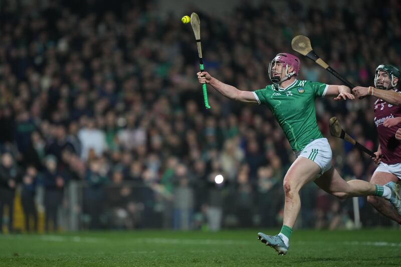 Limerick's Shane O'Brien scores a goal against Galway in the NHL Division 1A game at the Gaelic Grounds. Photograph: James Lawlor/Inpho