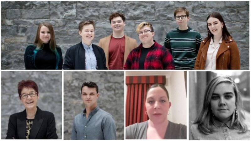 Activism (from main pic): Youth Advisory Group members Katie McCabe, Seamus Byrne, Ayrton Kelly, Jayson Pope, Tara Killeen and Niamh Scully. Bottom left to right: Ailbhe Smyth, Robbie Lawlor, Selina Hogan and Grace Dyas.