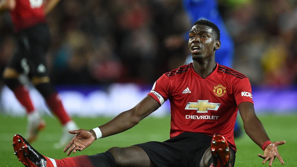 Manchester United’s Paul Pogba during Friday’s match against Leicester at Old Trafford.  The midfielder returned to training last week after helping France win the World Cup. Photograph: Oli Scarff/AFP