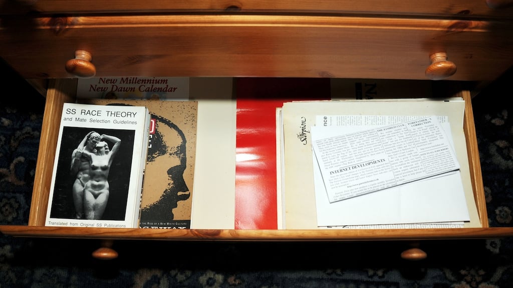 A photograph, shown to the court’s jury, of right-wing documents and books in the home of Thomas Mair. Photograph: West Yorkshire Police/PA
