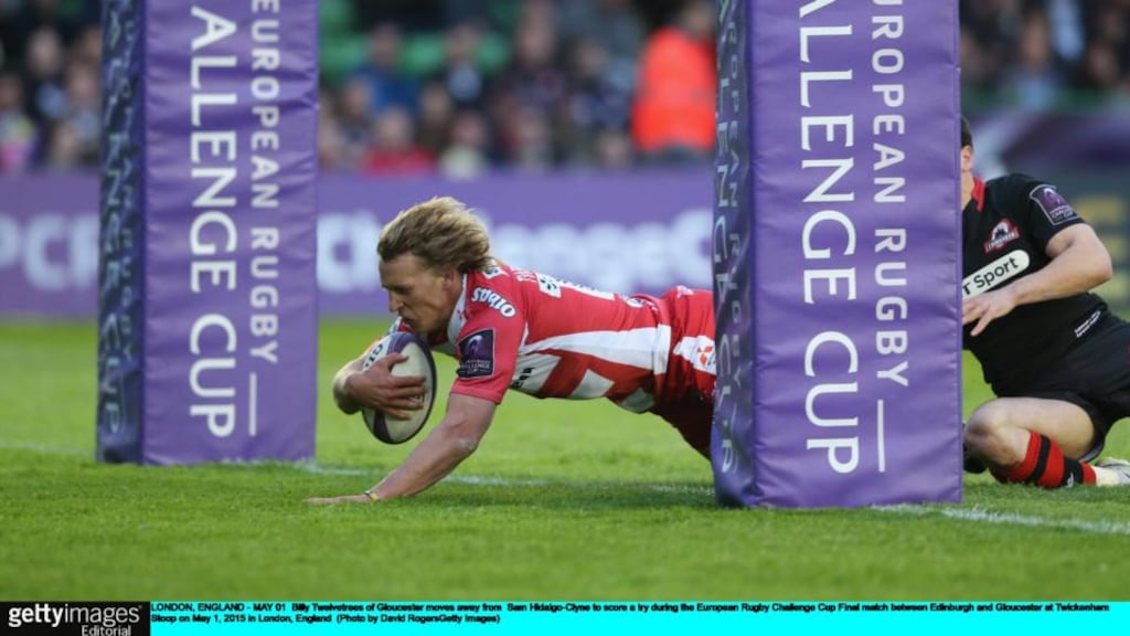 Gloucester captain Billy Twelvetrees dives to scre a try against Edinburgh during their European Challenge Cup final at Twickenham Stoop. Photograph: Getty Images