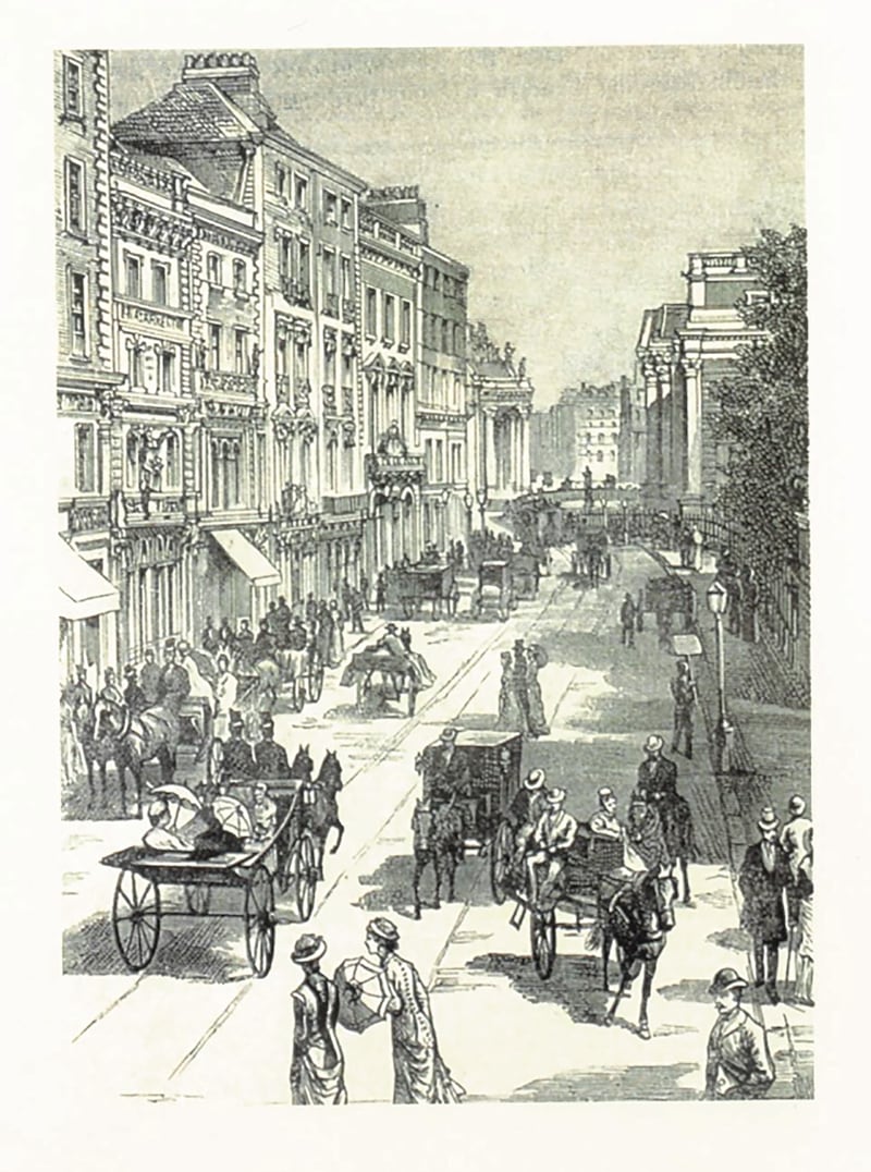 Grafton Street on a Saturday morning in the mid-19th century. Illustration from Elegant Times (Sonas, 1995)