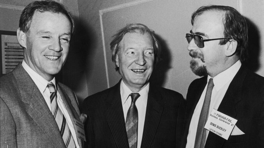 Larry Goodman with Charles Haughey and Denis Buckley at the Fianna Fail National Business Conference in January 1987