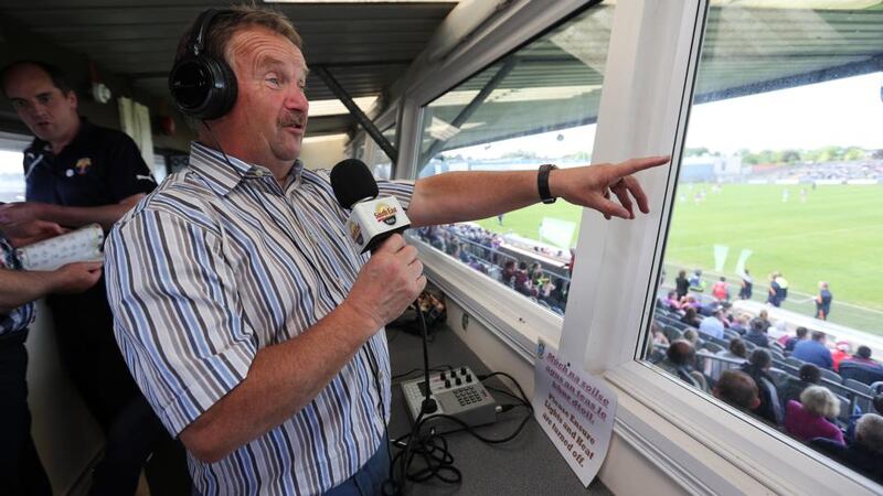 Liam Spratt on duty for South East Radio for Wexford’s game against Westmeath at Cusack Park in Mullingar. “It’s the next best thing to playing, isn’t it?” he says. Photo: Lorraine O’Sullivan/Inpho