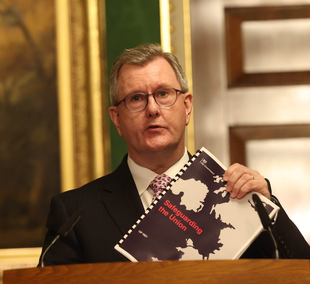 DUP leader Jeffrey Donaldson's press conference at Hillsborough Castle after reaching a deal with the UK government laying out new measures aimed at simplifying domestic imports and encouraging trade between Britain and Northern Ireland. But is a precious prize in danger of being squandered? Photograph: Pacemaker