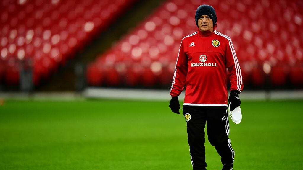 Gordon Strachan, manager of Scotland looks on during a training session ahead of the 2018 World Cup qualifier against England at Wembley. Photo: Dan Mullen/Inpho