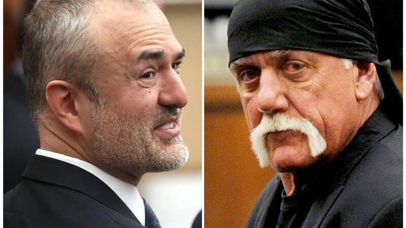 Nick Denton (L), founder of Gawker, and Terry Bollea, aka Hulk Hogan, are seen in a combination of photographs taken in court in St Petersburg, Florida. Photographs: Agencies