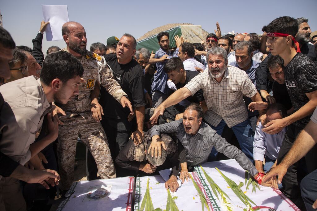 A funeral ceremony in Tehran for military personnel killed in an Israeli attack. Photograph: Taraneh Bazdari/EPA