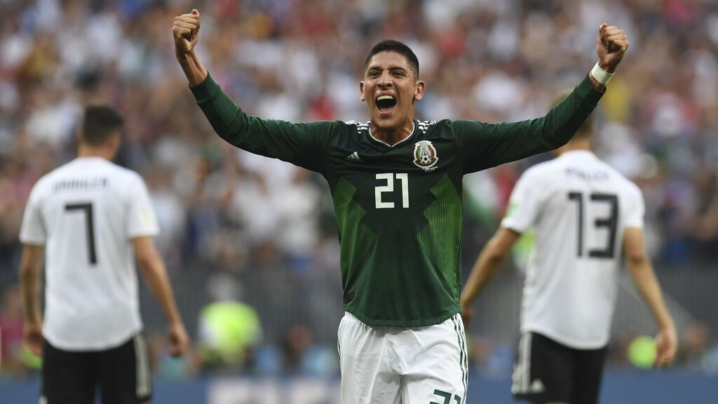 Mexico’s defender Edson Alvarez celebrates after the final whistle of the Group F football match between Germany and Mexico at the Luzhniki Stadium in Moscow. Photograph: Patrik Stollarz/AFP/Getty Images