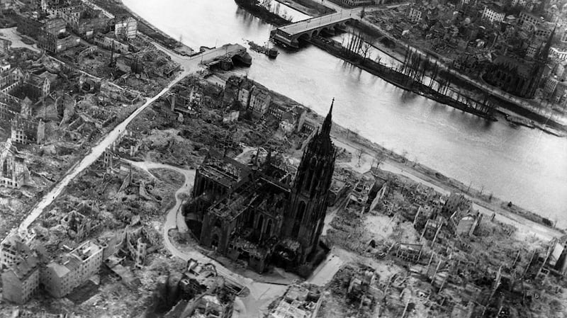 Damage from bombing around Frankfurt Cathedral in May 1945. Photograph: PA