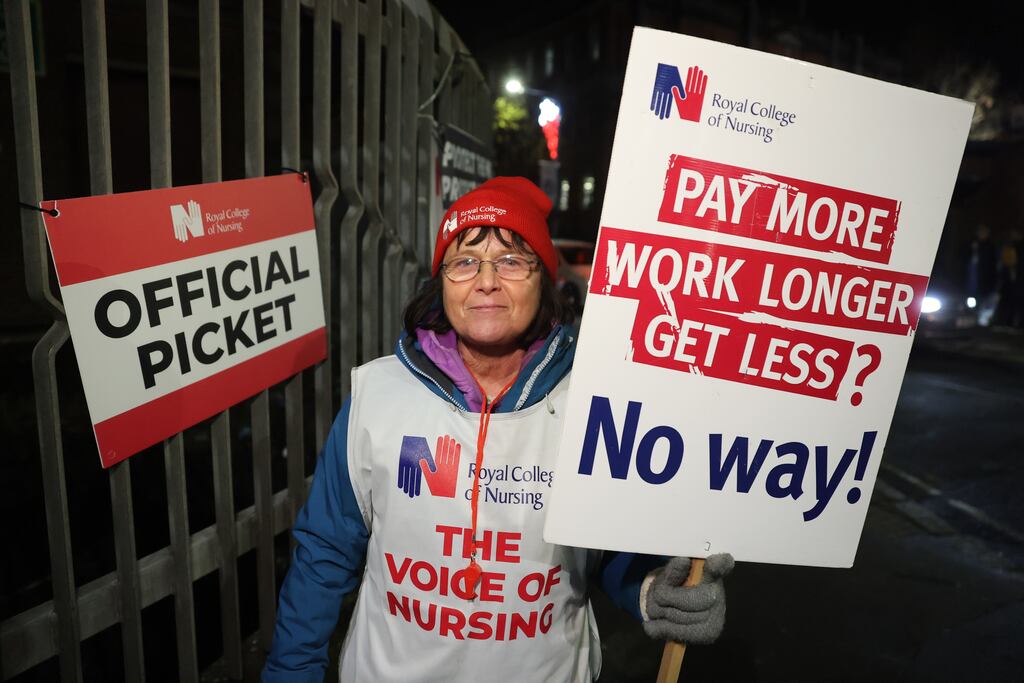 Recovery nurse Anne Nesbitt on the picket line outside the Royal Victoria Hospital in Belfast, as nurses in England, Wales and Northern Ireland take industrial action over pay. Photograph: Liam McBurney/PA