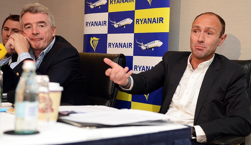 Kenny Jacobs (right), then Ryanair's chief marketing officer, with the airline's chief executive Michael O'Leary in 2014. Photograph: Eric Luke