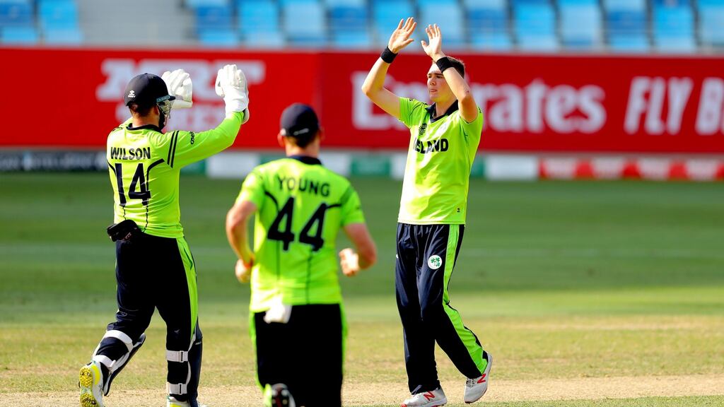 Gareth Delany celebrates his wicket.