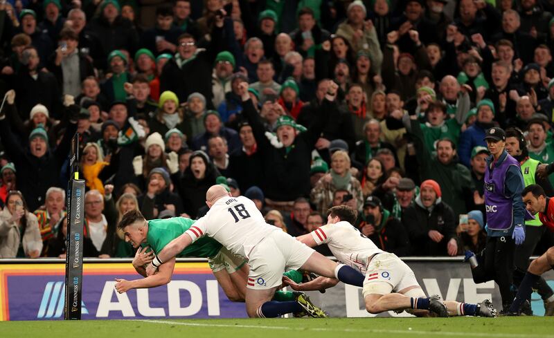 Ireland’s Dan Sheehan scores their third try against England. Photograph: James Crombie/Inpho