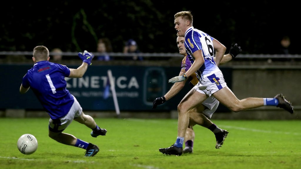 Kilmacud Crokes’ Shane Cunningham scores a goal during the Dublin SFC semi-final against Ballyboden St Enda’s. Photo: Lorraine O’Sullivan/Inpho