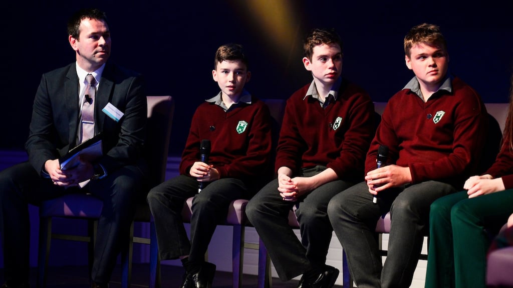 Principal St Oliver’s, Oldcastle, Co Meath, Brendan Corcoran with pupils Oliver Smith, Eimhin Murphy and John Smyth duing the Creating A Listening School seminar at the Mansion House. Photograph: Cyril Byrne/The Irish Times