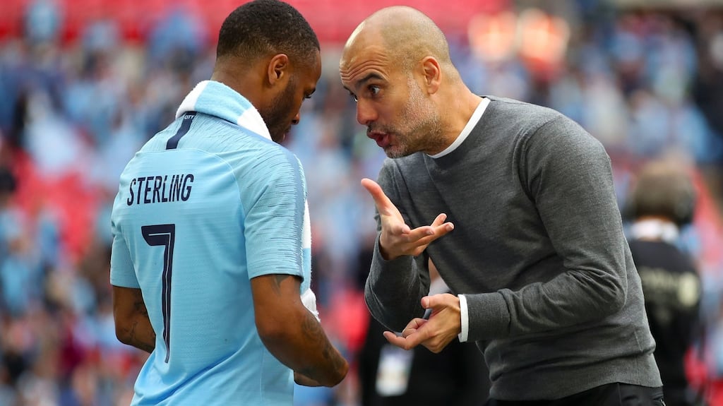 Manchester City’s Raheem Sterling and manager Pep Guardiola. ‘He’s such an important player for us.’ File photograph: Nick Potts/PA Wire