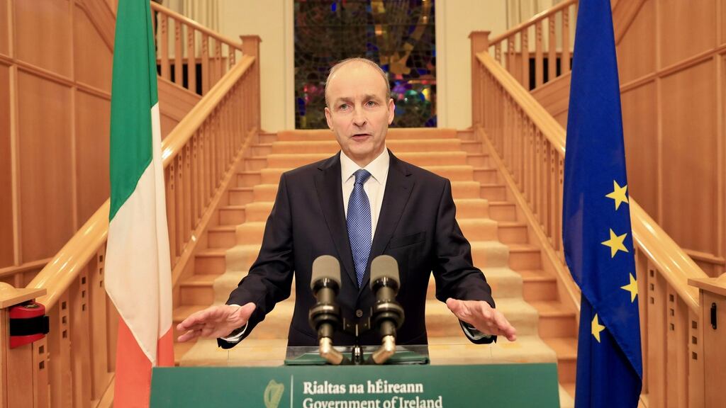 The Taoiseach announces the latest restricutions during a televised address from Government Buildings in Dublin. Photograph: Julien Behal/PA Wire