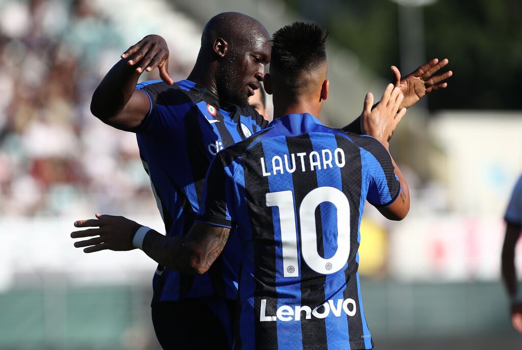 Romelu Lukaku with his Inter Milan team mate Lautaro Martinez during a pre-season friendly. Photograph: Marco Luzzani/Getty Images
