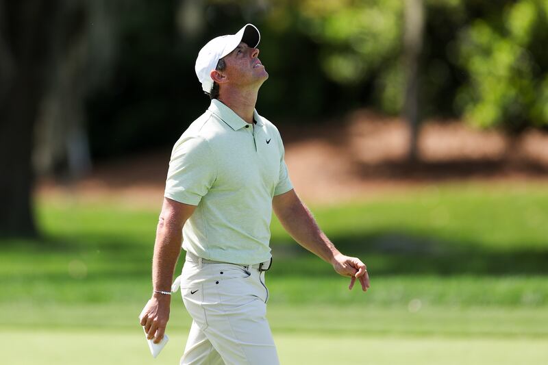 Rory McIlroy after hitting an approach shot on the first hole during his final round of the Arnold Palmer Invitational. Photograph: Brennan Asplen/Getty Images