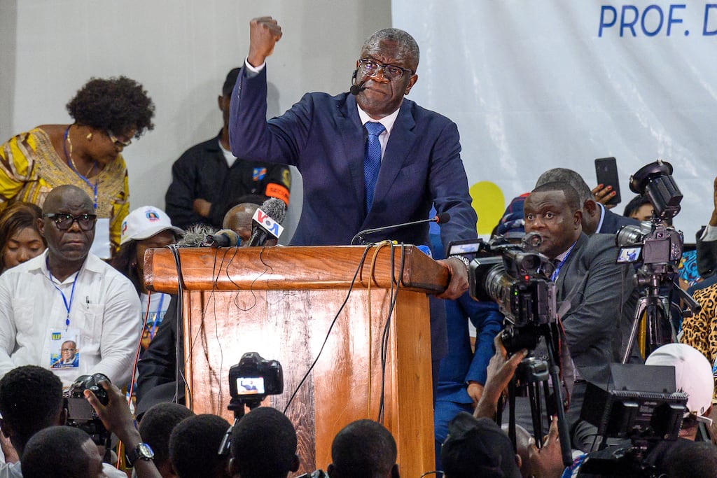 Nobel Peace Prize winner and gynaecologist Denis Mukwege addresses supporters in Kinshasa: 'My only motivation is to save and develop our country.' Photograph: Arsene Mpiana/AFP