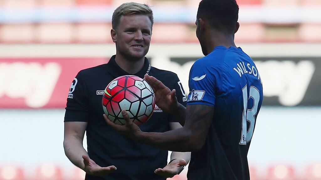 Bournemouth striker Callum Wilson with manager Eddie Howe after his Premier League hat-trick against West Ham in August at Upton Park. Not long after the player joined Tyrone Mings and Max Gradel in succumbing to a season-long injury. Photograph: Charlie Crowhurst/Getty Images