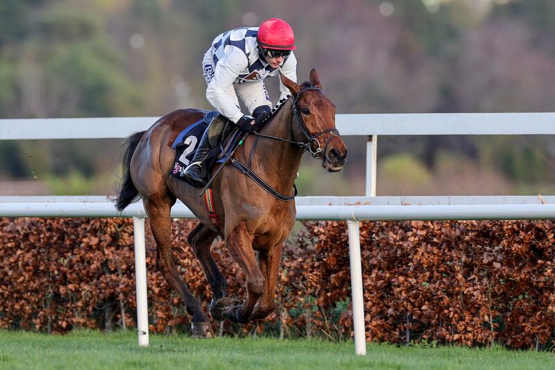 Paul Townend onboard Ballyburn comes home to win the Pigsback.com Maiden Hurdle at Leopardstown during the Christmas festival. Photograph: Laszlo Geczo/Inpho